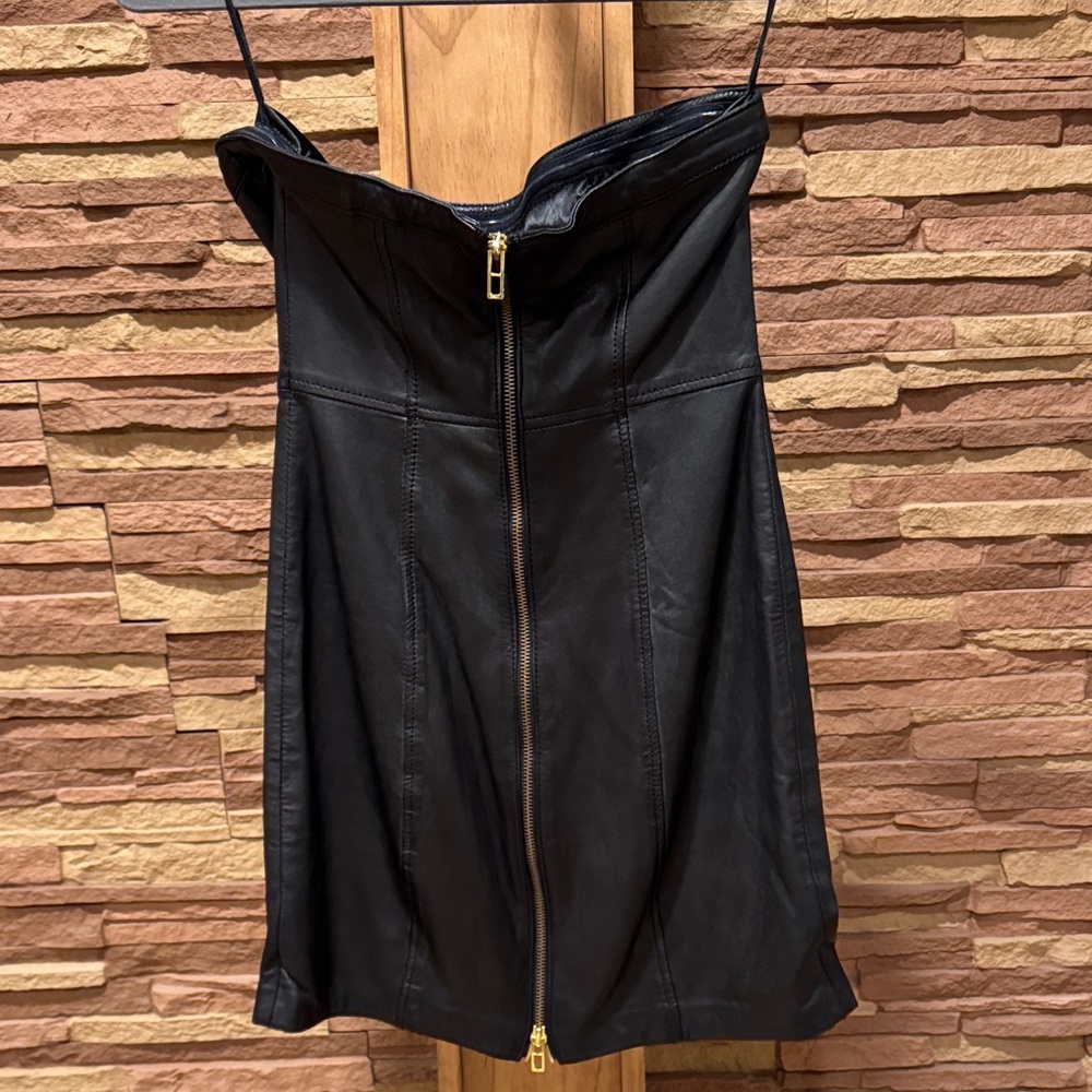 Armani Exchange Elegant Black Genuine Leather Strapless Dress - Picture 5 of 10